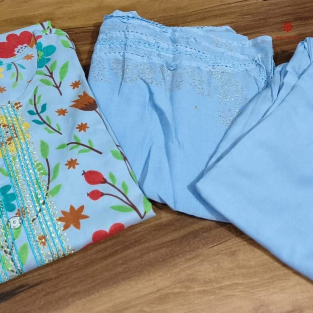 Women Sky Blue Floral Print Rayon Suit Set - Picture 5 of 6